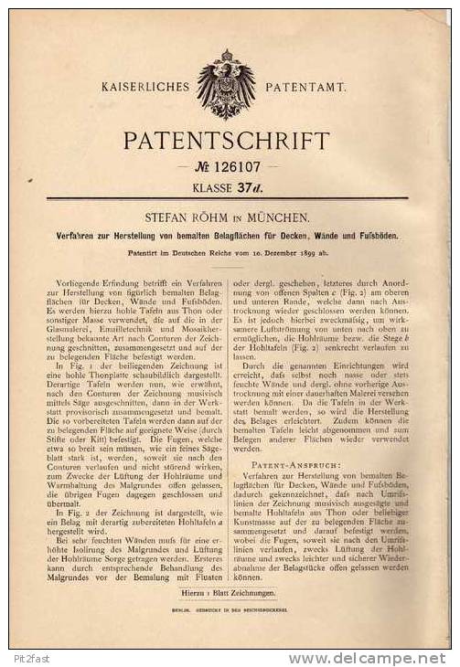 Original Patentschrift - Malerei Für Decken , Wände Und Fußboden , 1899 , S. Röhm In München , Maler !!! - Arquitectura