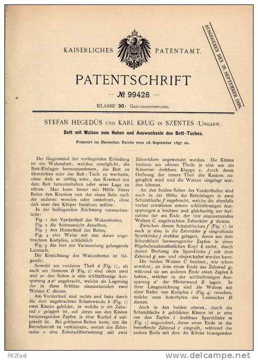 Original Patentschrift - K. Krug In Szentes , Ungarn , 1897 , Bett Mit Walzen !!! - Sonstige & Ohne Zuordnung