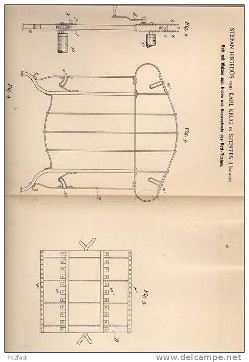 Original Patentschrift - K. Krug In Szentes , Ungarn , 1897 , Bett Mit Walzen !!! - Sonstige & Ohne Zuordnung