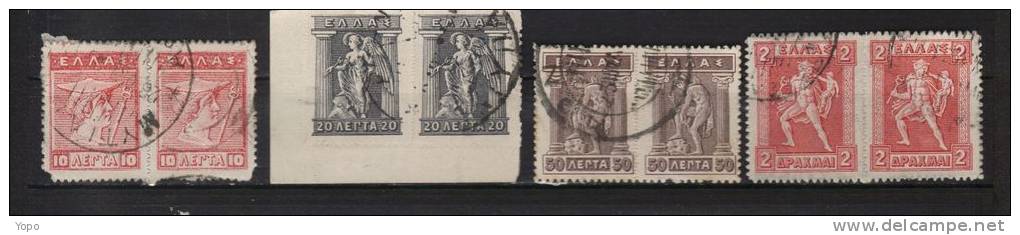 Grèce, Série De 1911-21, N° 183, 184, 188 Et 190, 4 X 2   Timbres Attachés , Oblitérés - Usados