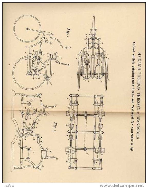 Original Patentschrift - H. Thiessen In Wandsbeck , 1898 , Fahrrad Mit Schwingsattelantrieb Und Trethebel , Fahrräder !! - Sonstige & Ohne Zuordnung