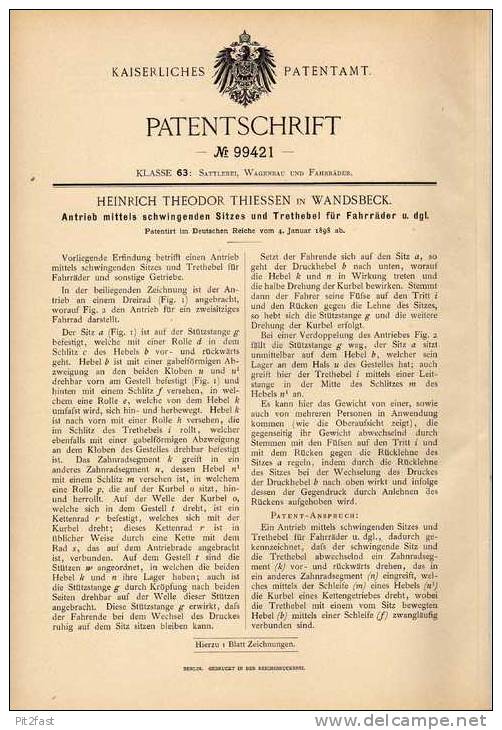 Original Patentschrift - H. Thiessen In Wandsbeck , 1898 , Fahrrad Mit Schwingsattelantrieb Und Trethebel , Fahrräder !! - Sonstige & Ohne Zuordnung