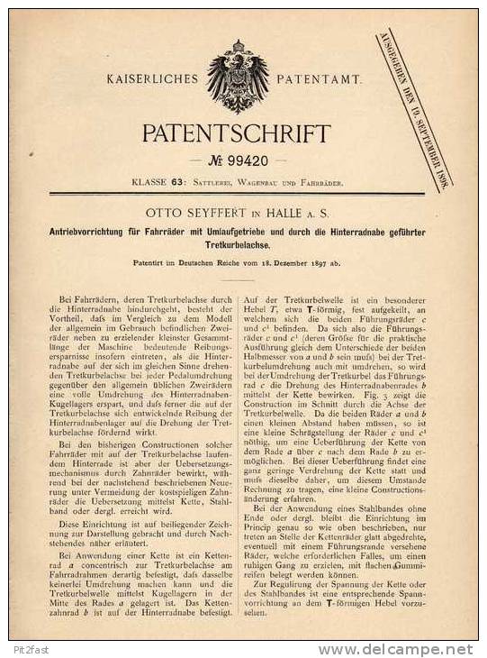 Original Patentschrift - O. Seyffert In Halle A.S., 1897 , Antrieb Für Fahrräder Mit Umlaufgetriebe , Fahrrad !!! - Sonstige & Ohne Zuordnung