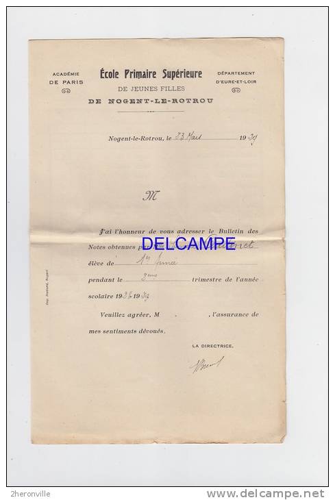 - NOGENT LE ROTROU - Ecole Primaire Supérieure De Jeunes Filles - Bulletin De Notes De 1929 - Timbre Fiscal F - Diplomi E Pagelle