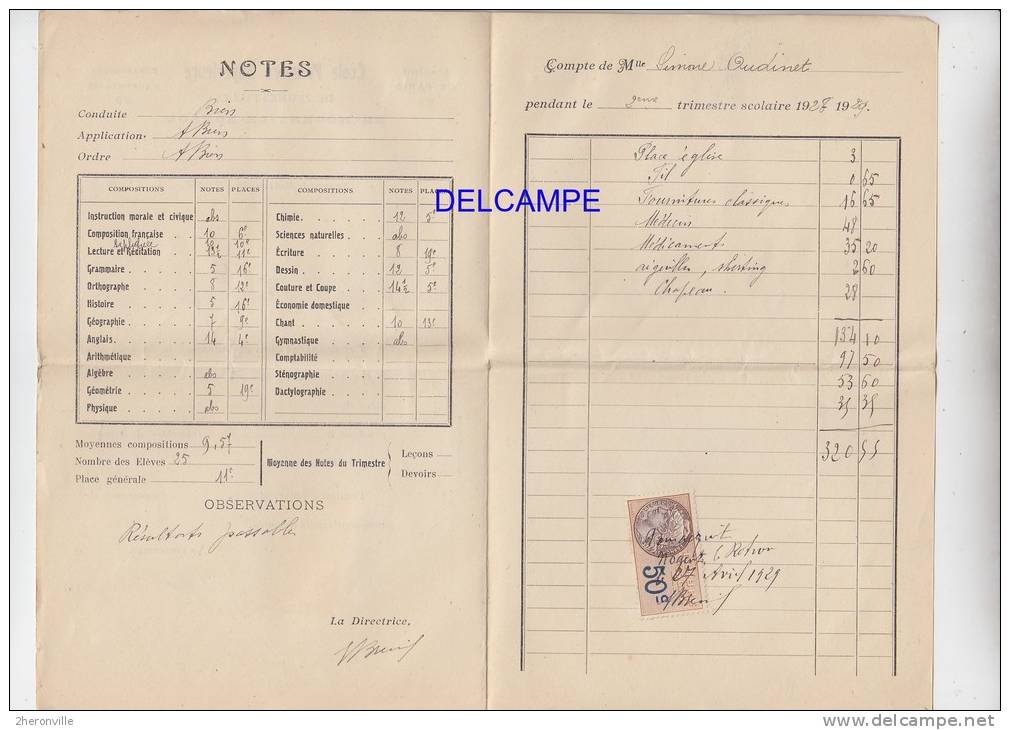 - NOGENT LE ROTROU - Ecole Primaire Supérieure De Jeunes Filles - Bulletin De Notes De 1929 - Timbre Fiscal F - Diploma & School Reports