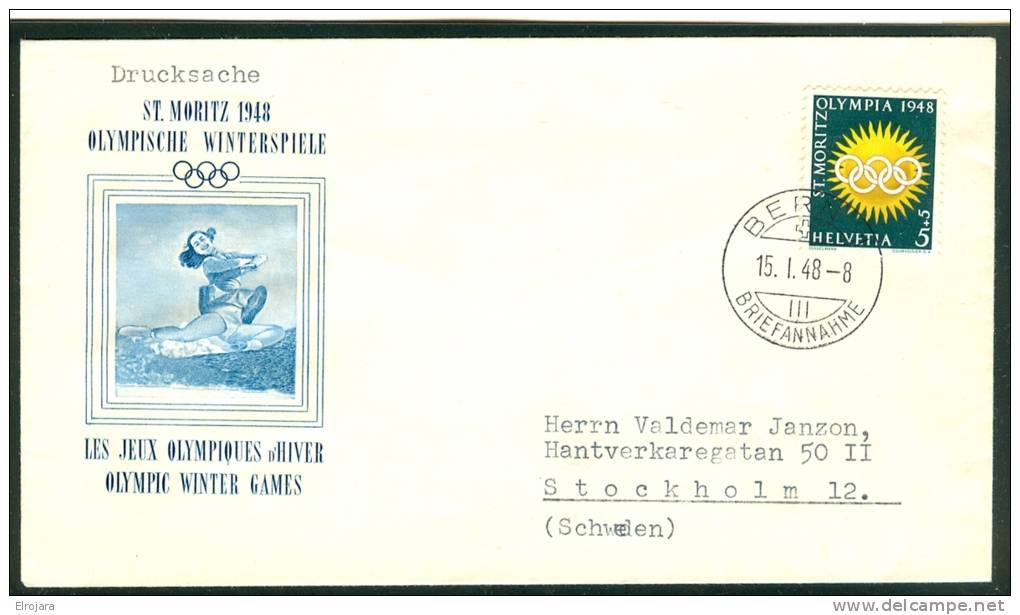 SWITZERLAND Olympic Stamp 5 R. On Illustrated Cover With First Day Cancel 15 1 48 Bern. - Winter 1948: St-Moritz