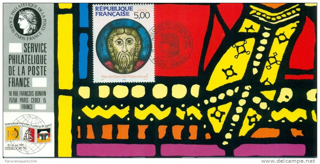 064 Carte Officielle Exposition Internationale Exhibition Düsseldorf 1990 France FDC Christ Wissembourg Alsace Tableau - Briefmarkenausstellungen
