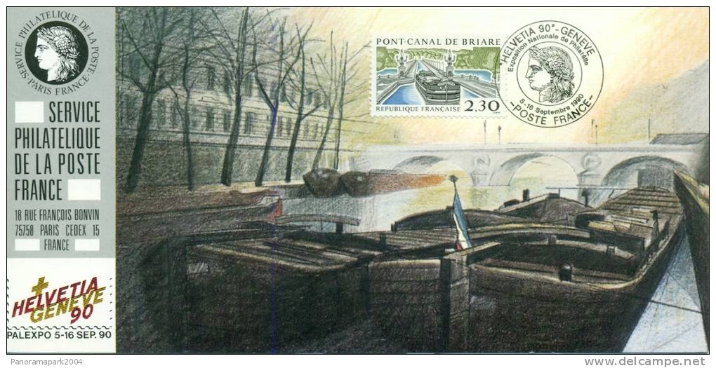 068 Carte Officielle Exposition Internationale Exhibition Genève 1990 France FDC Canal Briare Bateau Ship Boat Pont - Brücken