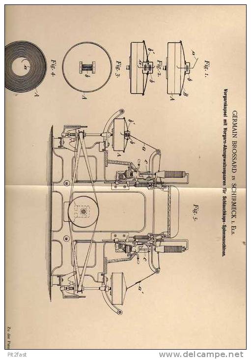 Original Patentschrift - Germain Brossard In Schirmeck I. Elsass , 1900 , Spinnmaschine , Spinnerei !!! - Historische Dokumente