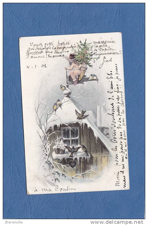 CPA Illustrée Par E. DOCKER - Ange Cupidon En Hiver Sur Le Toit D´une Maison - 1902 - Döcker, E.