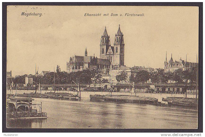 Germany PPC Magdeburg Elbansicht Mit Dom U. Fürstenwall MAGDEBURG 1908 To HALLE Germania Stamp (2 Scans) - Magdeburg