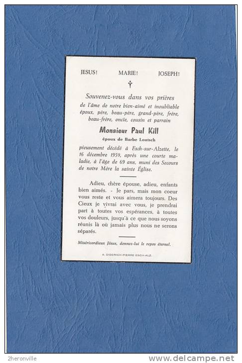 - ESCH Sur ALZETTE - Décés De Paul KILL époux De Barbe LOUTSCH - 1959 - Esch-Alzette