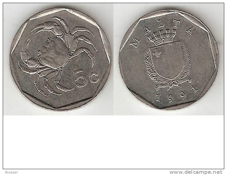 Malta 5 Cents 1991  Km 95  Xf !!!! - Malta