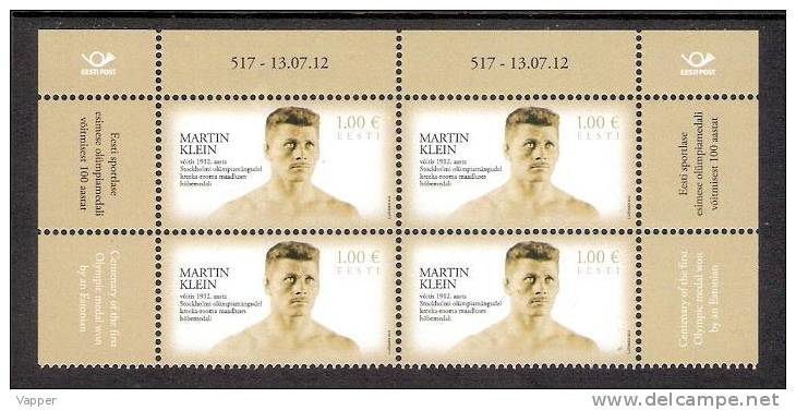 Olympic Estonia 2012 MNH Stamp Corner Block Of 4 With Issue Number Centenary  First Olympic Medal Won By Estonian Mi 737 - Verano 1912: Estocolmo