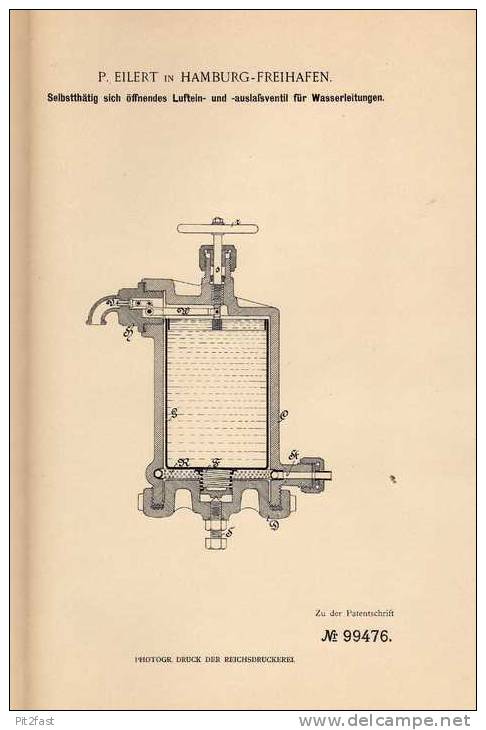 Original Patentschrift - P. Eilert In Hamburg - Freihafen , 1897 , Ventil Für Wasserleitung , Kanalisation !!! - Documents Historiques