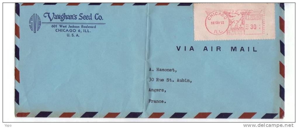 Etats Unis: EMA, Sur Enveloppe Avec Entête, Via Air Mail De 1952, De Chicago Pour La France, - Storia Postale