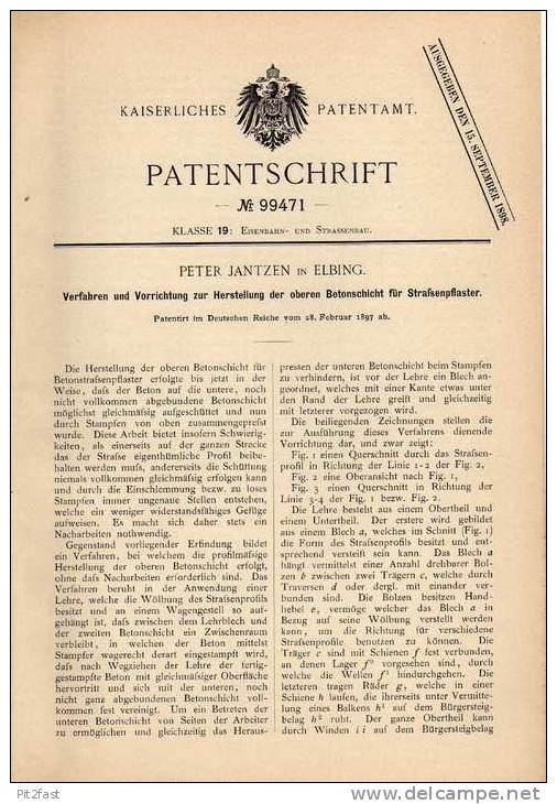 Original Patentschrift - P. Jantzen In Elbing , 1897 , Betonschicht Für Straßenpflaster , Strassenbau , Beton , Pflaster - Arquitectura