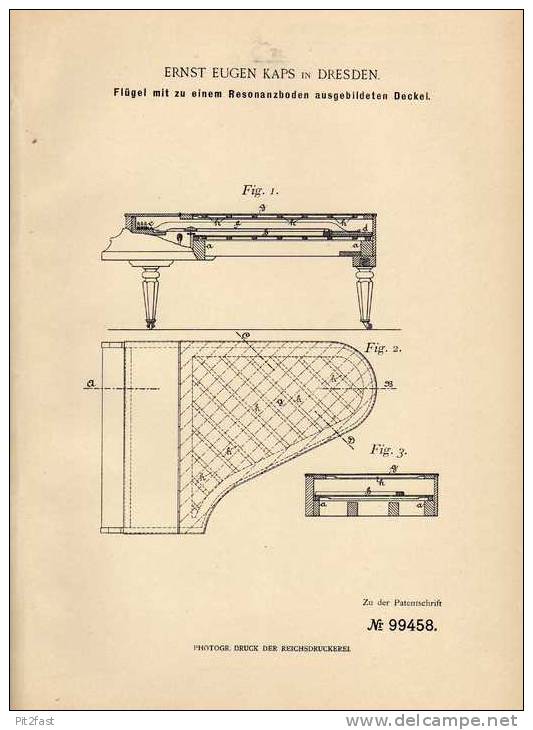 Original Patentschrift - Flügel Mit Resonanzboden , 1898 , E. Kaps In Dresden , Piano , Klavier !!! - Musikinstrumente