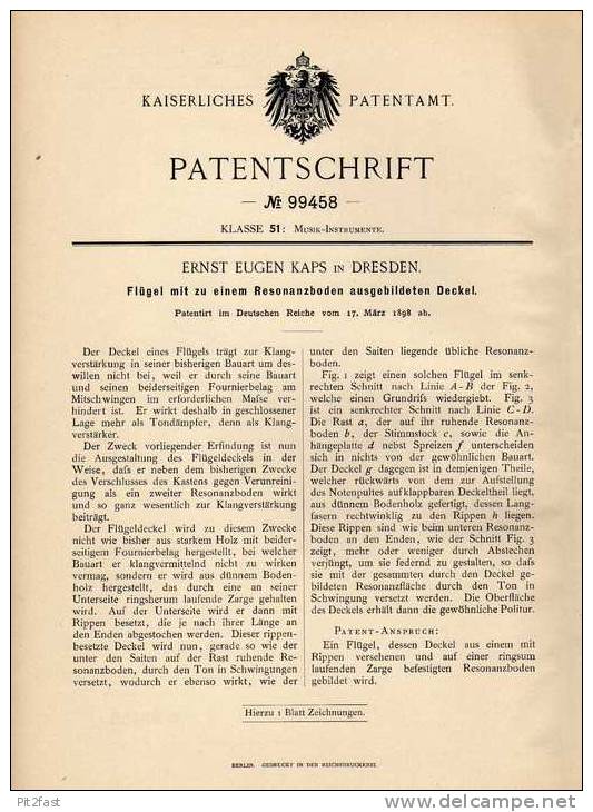Original Patentschrift - Flügel Mit Resonanzboden , 1898 , E. Kaps In Dresden , Piano , Klavier !!! - Musikinstrumente