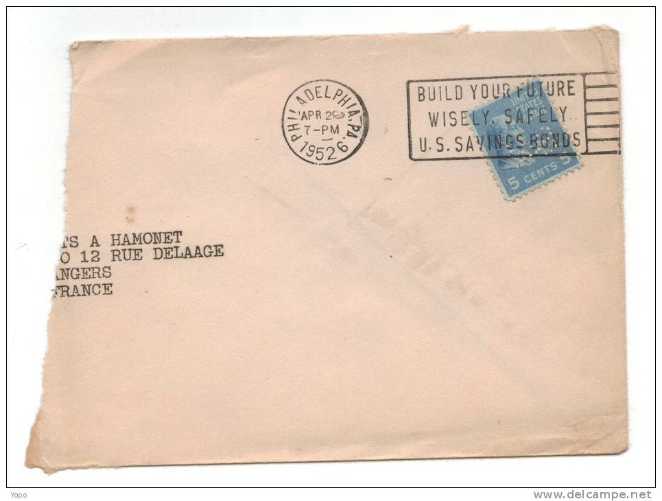 Fragment D´enveloppe Timbrée Avec Flamme FLIER, De 1952, De Philadelphie Pour La France, Avec  Timbre Perforé, N°375 - Poststempel