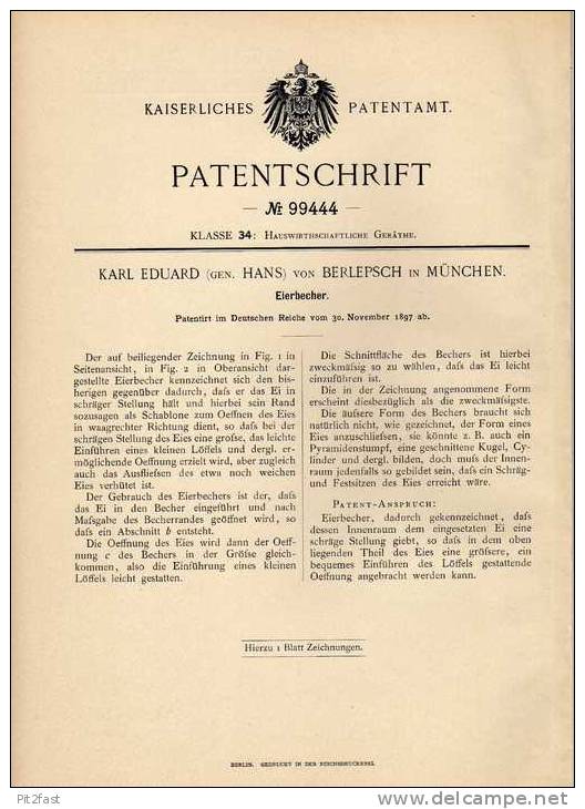 Original Patentschrift - K. Von Berlepsch In München , 1897 , Eierbecher , Ei , Eier !!! - Eier