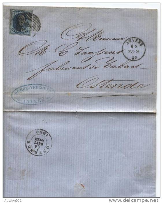 TP 6 S/L.de Deroy - Vergouts P4 Anvers 28./9/1860 V.Ostende C.d'arrivée 997 - Postmarks - Lines: Perceptions