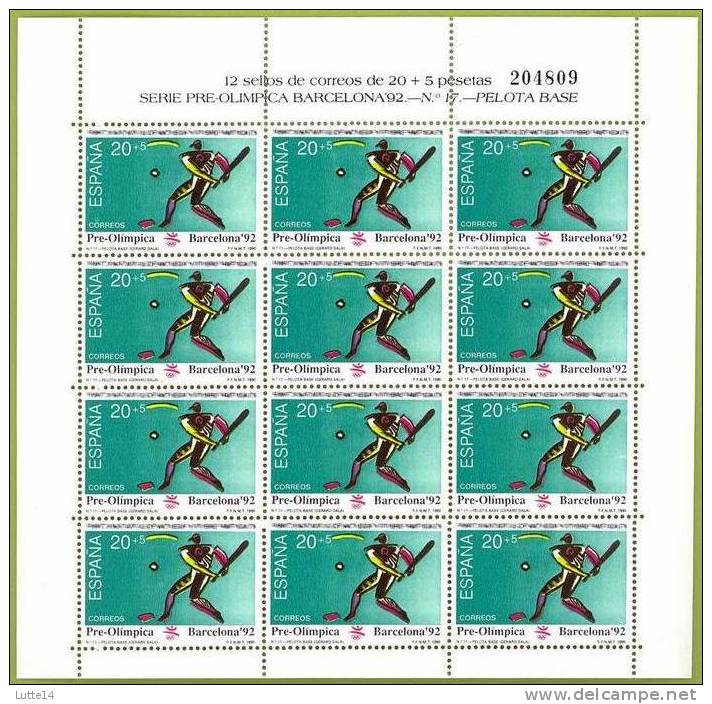 Bloc De 12 Timbres Neufs BASE BALL: Jeux Olympiques Barcelone 1992 ( 20+5 Pesetas) - Blocks & Sheetlets & Panes