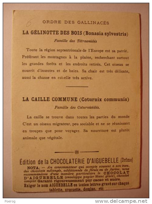 CHROMO - CARTE CHOCOLOAT D'AIGUEBELLE - LE MONDE DES OISEAUX - GELINOTTE DES BOIS CAILLE - 7X10 - Ordre Des Gallinacés - Aiguebelle