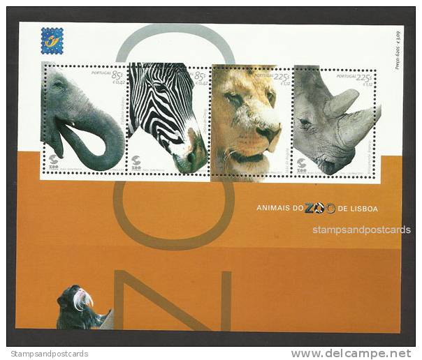 Portugal Zoo Lisbonne  Éléphant Zèbre Lion Angola Rhinocéros Blanc Bloc 2001 ** Lisbon Zoo Elephant Zebra Lion Rhino ** - Rhinoceros