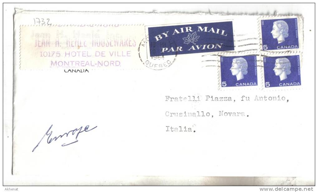 VER1732 - CANADA' , Lettera Commerciale Per L'Italia Del 1964 - Storia Postale