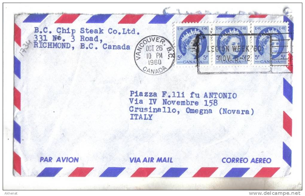 VER1734 - CANADA' , Lettera Commerciale Per L'Italia Del 1960 - Covers & Documents