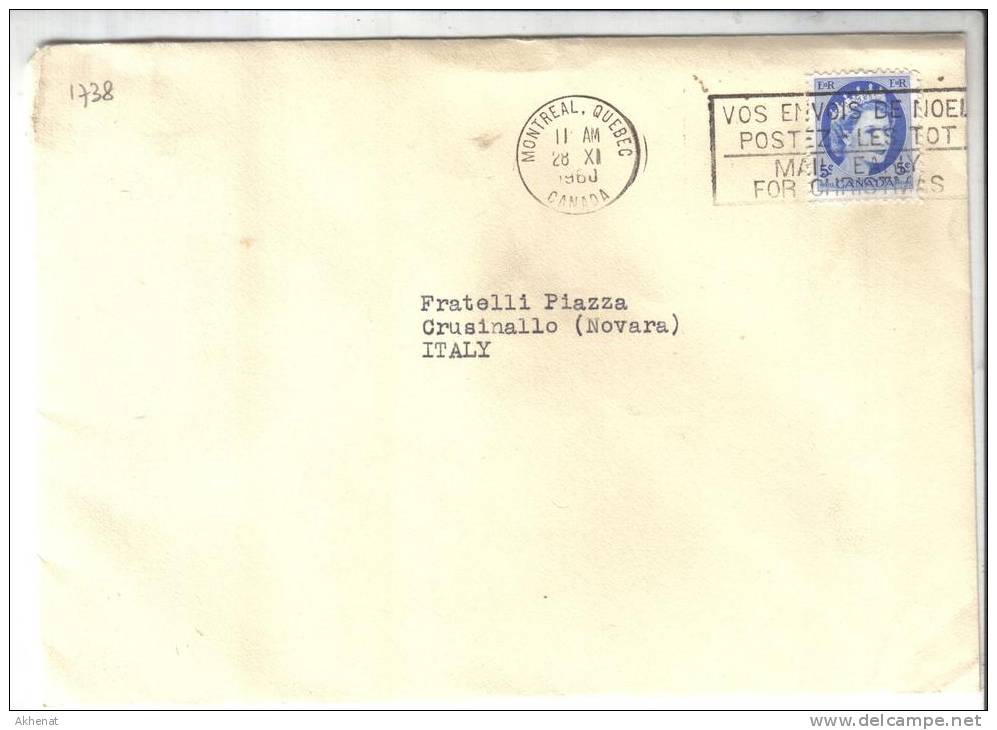 VER1738 - CANADA' , Lettera Commerciale Per L'Italia Del 1960 - Storia Postale