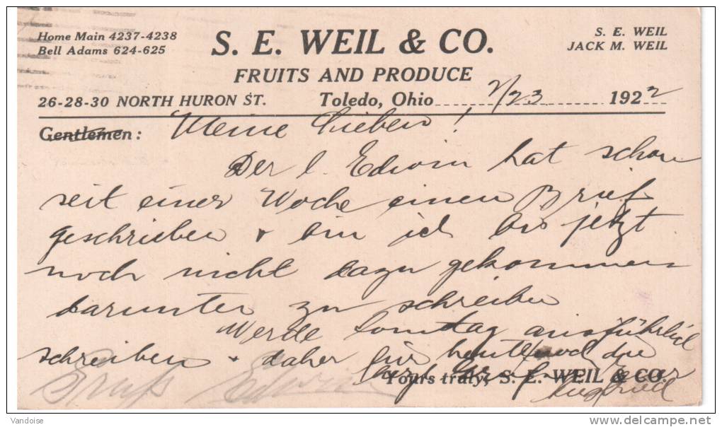 ENTIER POSTAL AVEC REPIQUAGE WEIL § CO FRUITS AND PRODUCE - 1921-40