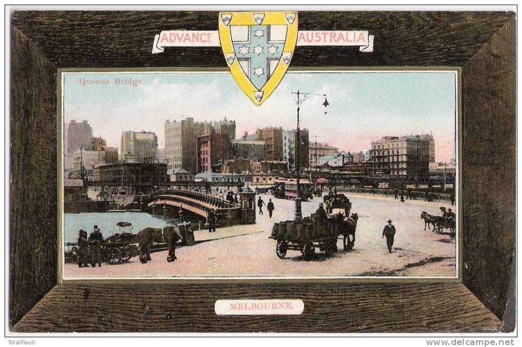 MELBOURNE Victoria Queens Bridge ADVANCE AUSTRALIA Color Animated Embossed Border Passepartout Card Unused - Melbourne