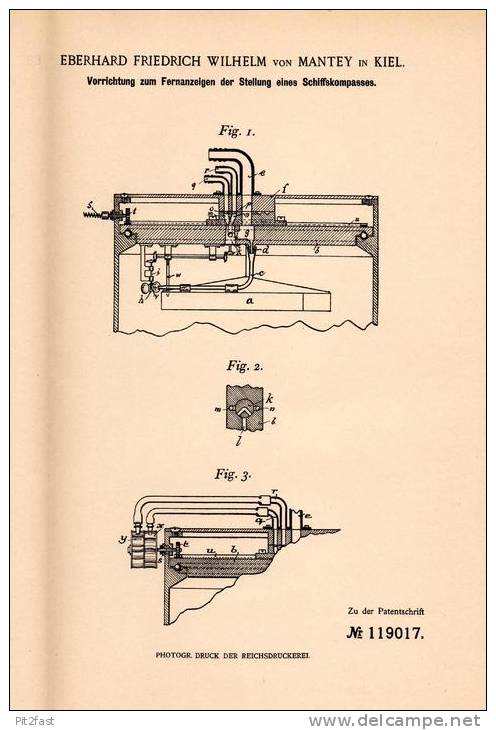 Original Patentschrift - E. Von Mantey In Kiel , 1899 , Kompass - Stellungsanzeiger , Kompaß !!! - Technik & Instrumente