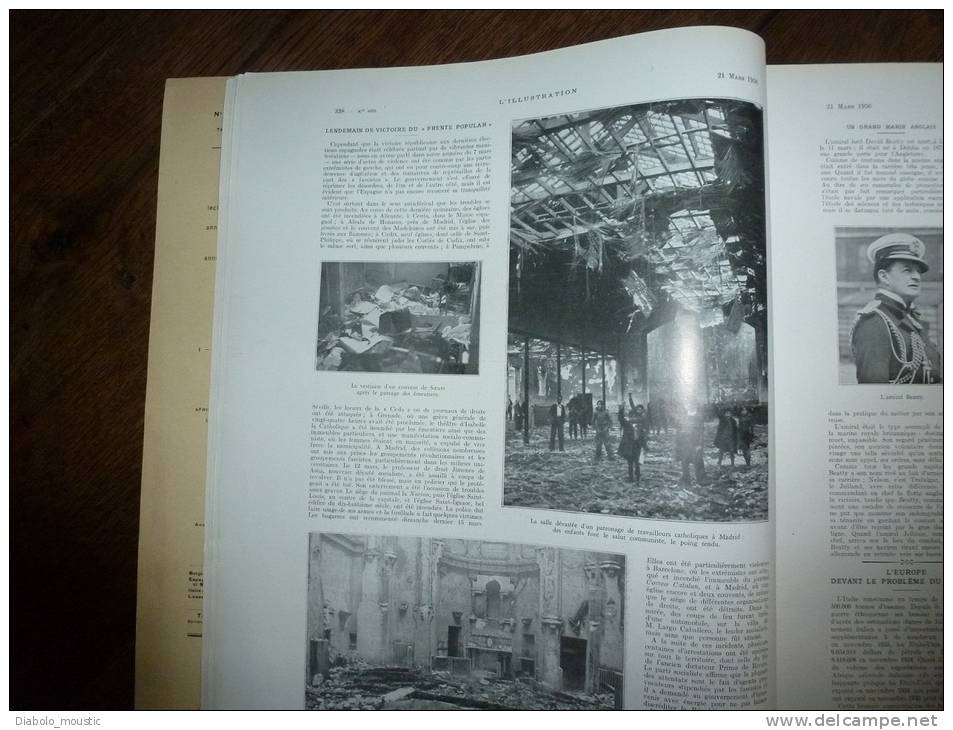 4855  Du 21-3-1936 : Troubles En Espagne ;Frente Popular ;Maison Internationale Cité Universitaire; Père FOUCAULT ;Congo - L'Illustration