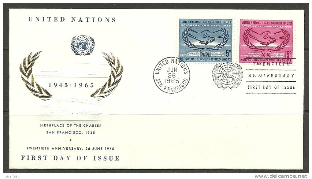 UN San Fransisco 26.06.1965 FDC Naciones Unidas United Nations Official First Day Cover Co-Operation Year - FDC