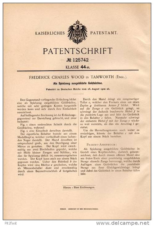 Original Patentschrift - F. Wood In Tamworth , 1900 , Spielzeug - Spardose , Geldbüchse , Sparkasse , Geld , Sparbüchse - Antikspielzeug