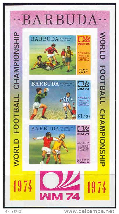 0216 ✅ Sport Football Soccer WM Cup FIFA 1974 Barbuda With OPTD 3v+S/s Set MNH Imperf Imp UNLISTED - 1974 – Germania Ovest