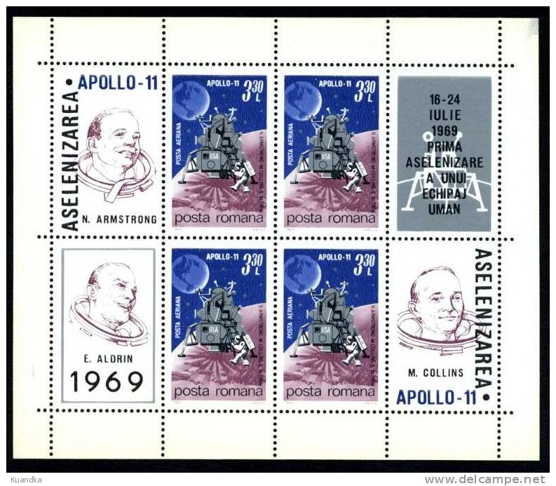 1969 Apollo 11 Block Of 4 Stamps,Romania,Mi.BL 72,MNH - Unused Stamps