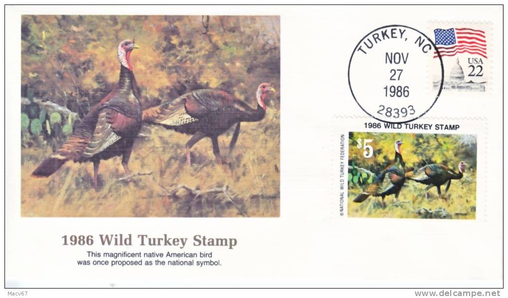 U.S. STATE TURKEY STAMP  FDC  1986  N.C. - Duck Stamps