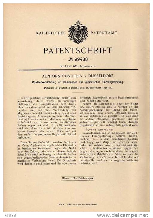 Original Patentschrift - Compass Mit Fernregistrierung , 1896 , A. Custodis In Düsseldorf , Kompass , Kompaß !!! - Techniek & Instrumenten