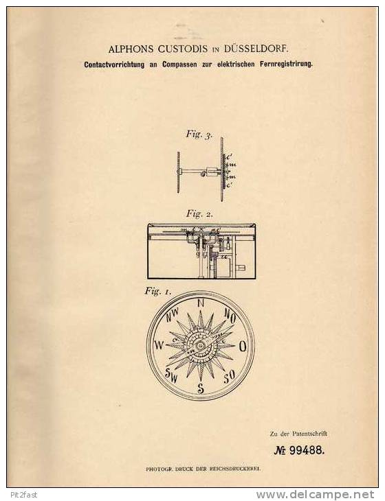 Original Patentschrift - Compass Mit Fernregistrierung , 1896 , A. Custodis In Düsseldorf , Kompass , Kompaß !!! - Technik & Instrumente