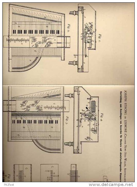 Original Patentschrift - J. Strong In Lismore , New South Wales , 1896 , Accorde Für Klavier , Piano !!! - Musical Instruments