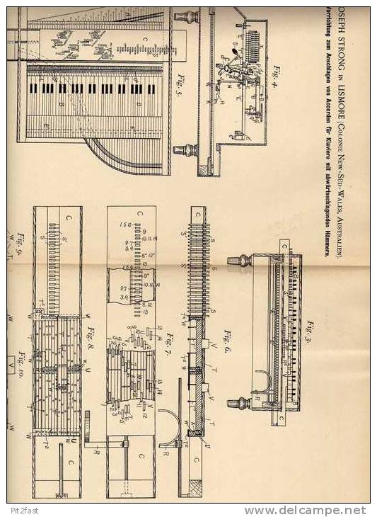 Original Patentschrift - J. Strong In Lismore , New South Wales , 1896 , Accorde Für Klavier , Piano !!! - Musikinstrumente