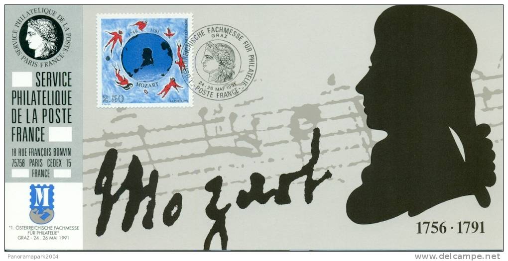 075 Carte Officielle Exposition Internationale Exhibition Graz 1991 France FDC Wolfgang Amadeus Mozart Composer Musique - FDC