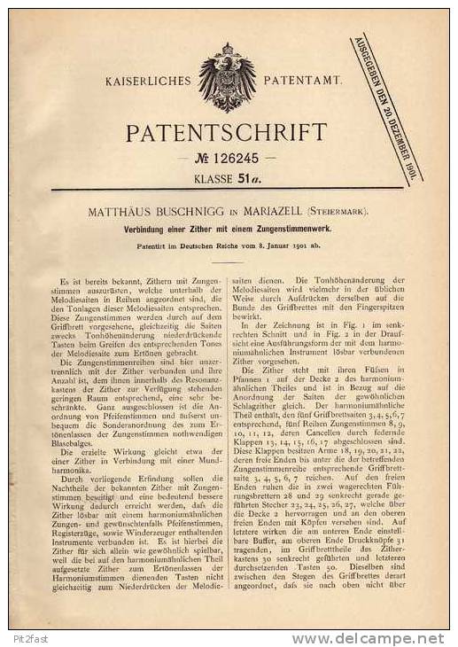 Original Patentschrift - M. Buschnigg In Mariazell , Steiermark , 1901 , Zither Mit Zungenstimmwerk !!! - Musikinstrumente