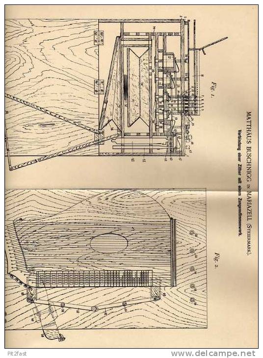 Original Patentschrift - M. Buschnigg In Mariazell , Steiermark , 1901 , Zither Mit Zungenstimmwerk !!! - Musikinstrumente