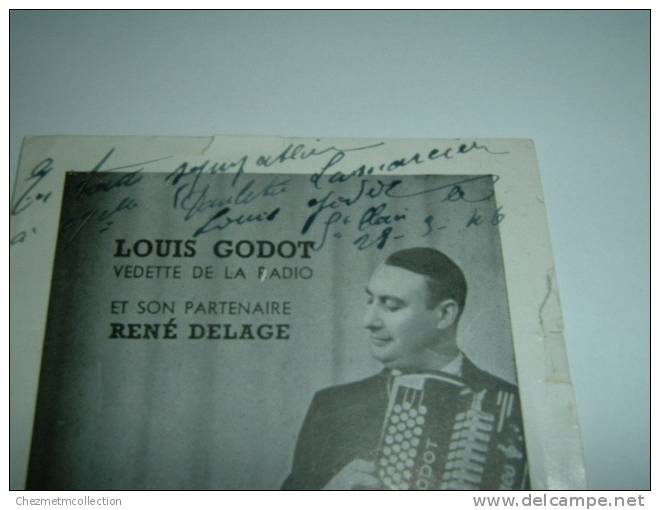 AUTOGRAPHE DE LOUIS GODOT VEDETTE RADIO EN PHOTO AVEC RENE DELAGE ACCORDEON ACCORDEONISTE 1946 ST CLAIR 750 - Autres & Non Classés