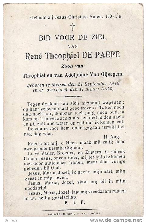 Doodsprentje - Melsen - René  Th De Paepe  1910 / 1932 - Images Religieuses